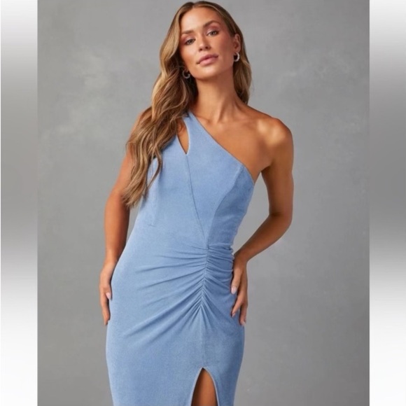 Maniju Periwinkle Blue One Shoulder Ruched Maxi Dress Size M - Picture 2 of 16